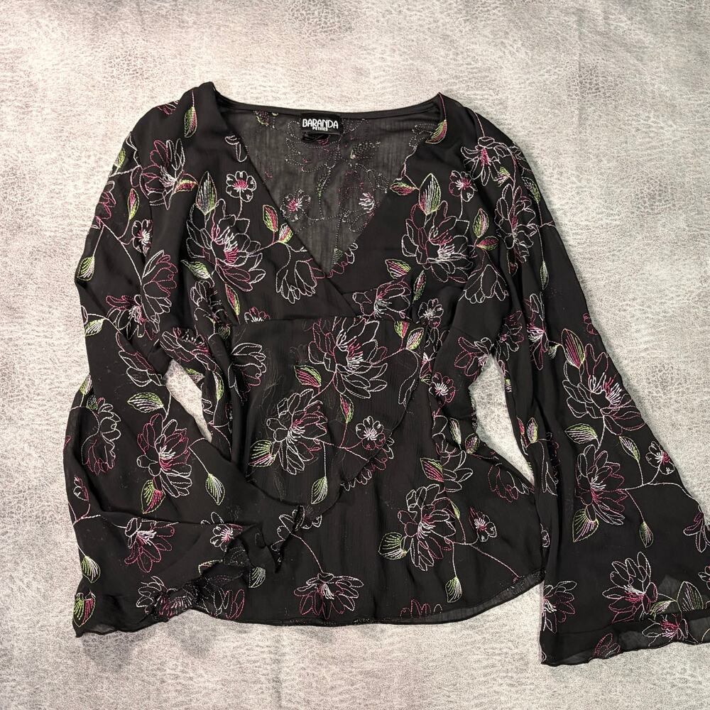 Black Floral Embroidered Long Sleeve Blouse